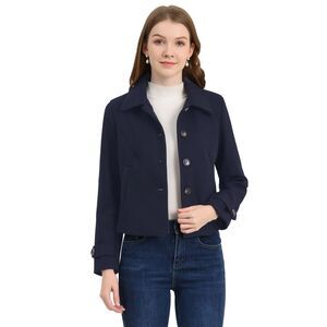 Turn Down Collar Long Sleeve Single Breasted Outwear Winter Pea Coat Navy Blue